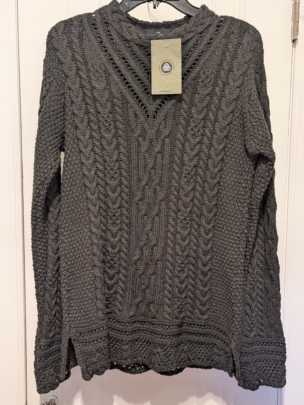 The Irish Store NWT Women's Army Green Aran Cable Knit Crewneck Sweater